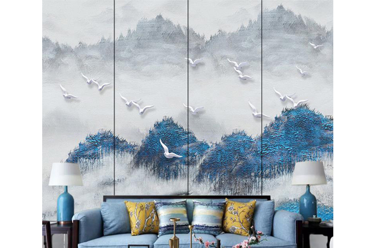 新中式抽象写意山水白色飞鸟背景墙 