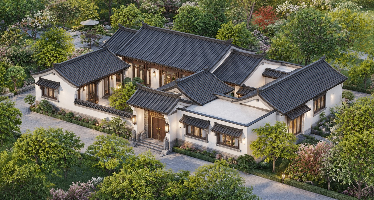 湖北荆门戴家一层中式三合院自建别墅设计