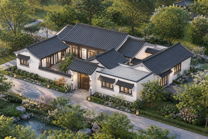 湖北荆门戴家一层中式三合院自建别墅设计